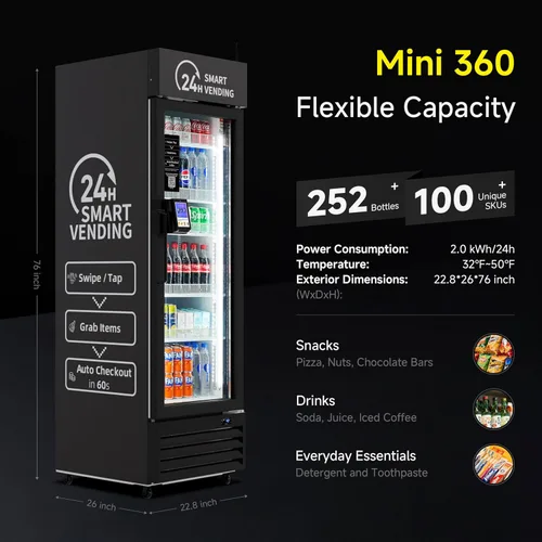 Vista 3 de Máquina expendedora, máquina expendedora refrigerada inteligente con lector de tarjeta táctil US360 (Negro, Mini)