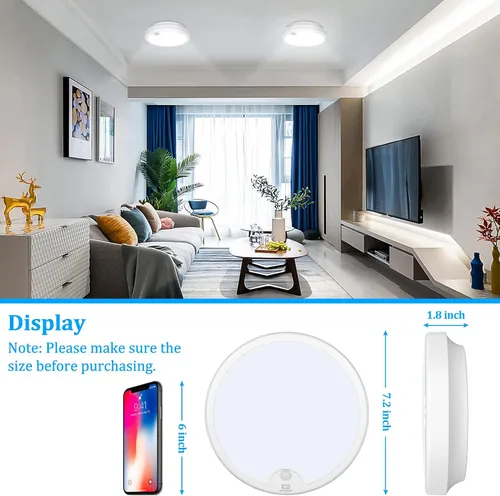 Vista 5 de Paquete de 2 luces LED de techo con sensor de movimiento a pilas, lámpara de techo empotrada de 7.2 pulgadas, 6000K, lámpara de techo inalámbrica