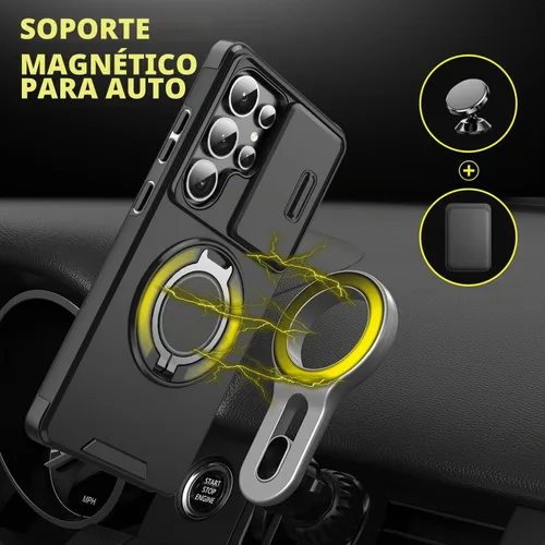Vista 4 de Funda para Samsung S25 Ultra, con lente de cámara deslizante, soporte de anillo de dedo, resistente a prueba de golpes, funda protectora de grado