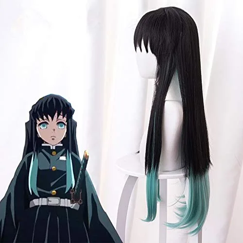 Vista 3 de Aadesso Demon Slayer Kimetsu No Yaiba Tokitou Muichirou Peluca Anime Cosplay negro y azul degradado peluca larga recta para hombres y mujeres