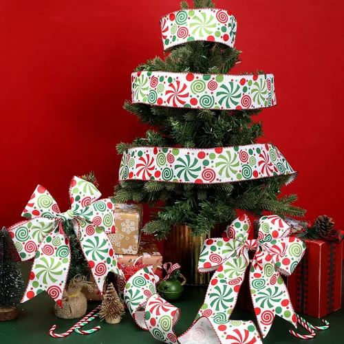 Vista 5 de Berlune 2 rollos de cinta de Navidad con borde de alambre de menta caramelo de 2.5 pulgadas de ancho, cinta de arpillera para manualidades, coronas