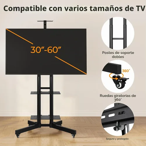 Vista 4 de Yaheetech Soporte de TV móvil, carrito de televisión ajustable con ruedas de bloqueo para pantalla plana de plasma LED LCD 30-60 de hasta 110