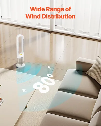 Vista 5 de VEVOR - Ventilador de torre sin aspas, velocidad de 16 pies/s, ventilador silencioso de piso que sopla aire frío y caliente, ventiladores oscilantes