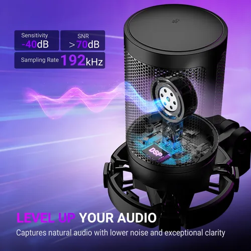 Vista 3 de FIFINE Gaming PC USB Microphone, Podcast Condenser Mic with Boom Arm, Pop Filter, Mute Button for Streaming, Twitch, Online Chat, RGB Computer Mic