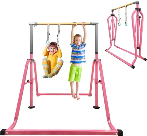 Vista 18 de GLANT Barra de gimnasia para niños con juego de anillos, 7 alturas ajustables, fácil de plegar, barra de entrenamiento de gimnasia para niños