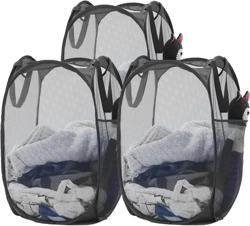 Vista 30 de Cesta de malla desplegable para ropa sucia con asas duraderas - Cesta plegable portátil para dormitorio, baño y viajes (negro)