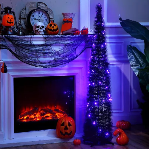 Vista 4 de Aoriher Árbol de Navidad de Oropel Negro Plegable Emergente Preiluminado de 5 pies con Luces de Cadena Moradas, Árbol Artificial Reutilizable