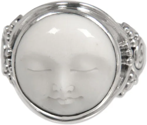Vista 6 de NOVICA Handmade Artisan Cow Bone Ring Face of the Moon Crafted Silver