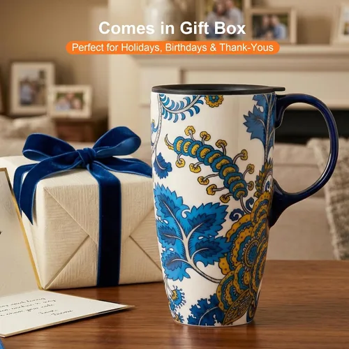 Vista 7 de DUSVALLY Taza de viaje de cerámica de 17oz con tapa, taza de café floral Azul