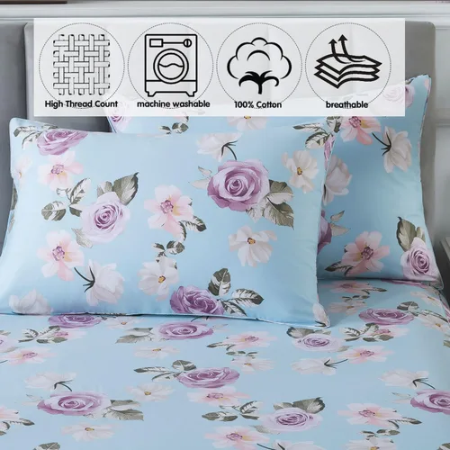 Vista 4 de FADFAY Juego de sábanas tamaño King, sábanas de algodón percal rosa floral con bolsillo profundo, ropa de cama vintage lujosa azul con estampado
