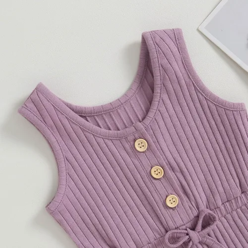 Vista 5 de TheFound Mameluco de verano para niña pequeña, ropa acanalada, overol con botones, 0-5T
