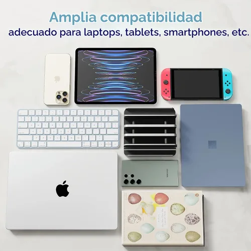 Vista 7 de Soporte ajustable para laptop, 5 ranuras, ahorro de espacio de aluminio, para Apple MacBook/Surface/Galaxy/Tablet/iPad/iPhone, plateado