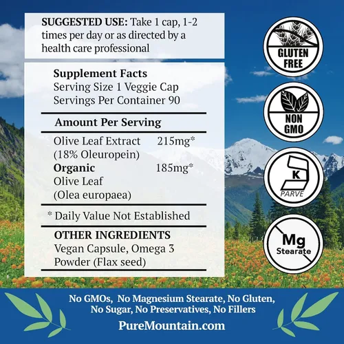 Vista 7 de Pure Mountain Botanicals Cápsulas de extracto de hoja de olivo - 400 mg 18% de oleuropeína