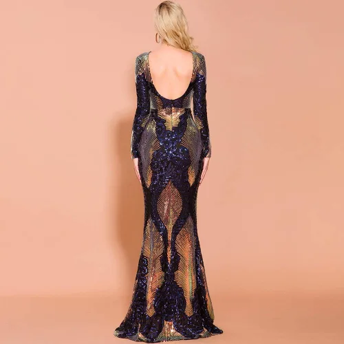 Vista 6 de Lin Lin Q Women's Formal Sequin Evening Maxi Mermaid Dress, Long Sleeve Backless Gowns