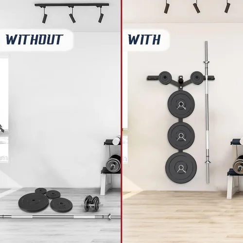 Vista 6 de Yes4All 6 clavijas y 4 estantes de almacenamiento de pesas que cargan hasta 1190 libras – soporte para árbol de pesas y barra montado en la pared