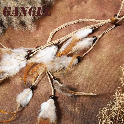 Vista 5 de Gangel Diadema india de plumas hippie con plumas blancas y marrones, cuerda de cáñamo larga con borla larga para festival
