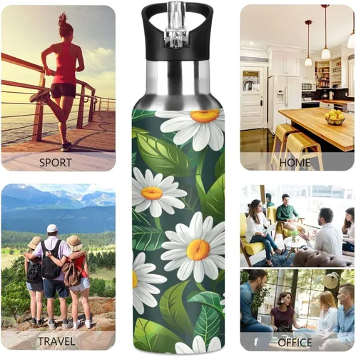 Vista 5 de BPA-Free Sports Water Bottle 32 Oz, Insulated Stainless Steel Water Bottle with Straw for Gym Outdoor Travel School, White Daisy Flowers Green Leaves