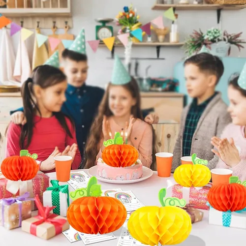 Vista 5 de Gyufise 6 centros de mesa de calabaza, calabaza de papel, panal, calabaza, centros de mesa de calabaza, calabazas de tejido 3D, decoración colgante