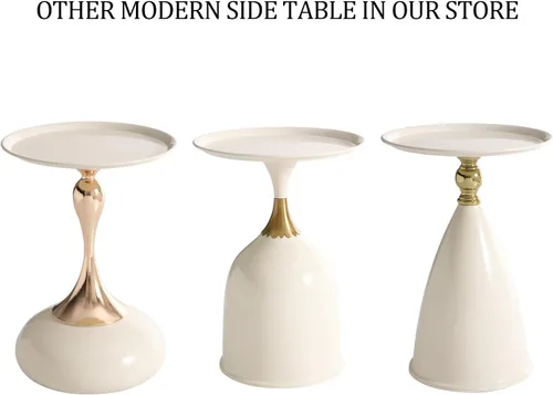 Vista 7 de Mesa auxiliar redonda pequeña para espacios pequeños, mesa auxiliar moderna con pedestal blanco para sala de estar, mesa de bebidas con acento