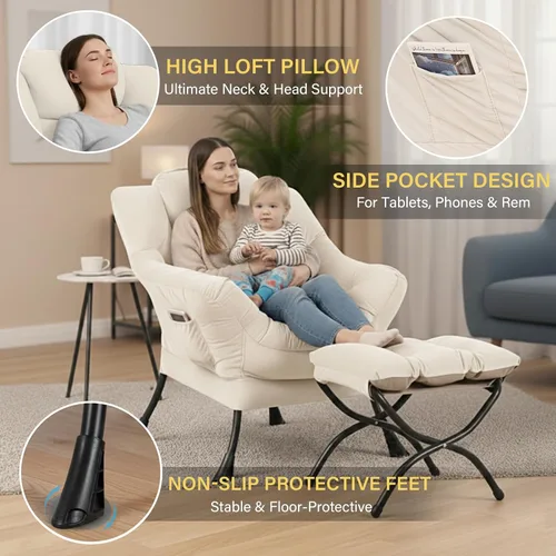 Vista 4 de Silla perezosa con otomana, silla de descanso moderna y grande con reposabrazos y bolsillo lateral, sillón tapizado de ocio con silla de lectura