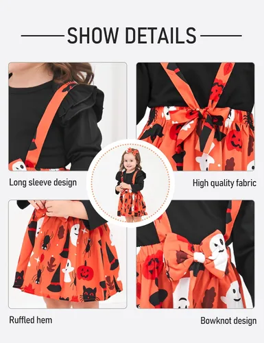 Vista 3 de Conjunto de ropa de Halloween para recién nacido, con volantes, tirantes, calabaza, murciélago, fantasma, falda con diadema