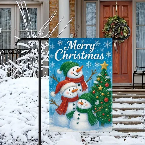 Vista 3 de Bandera de jardín de Navidad ActFirst de 12 x 18 pulgadas, bandera de muñeco de nieve de familia de Navidad Feliz con árbol, pequeña decoración