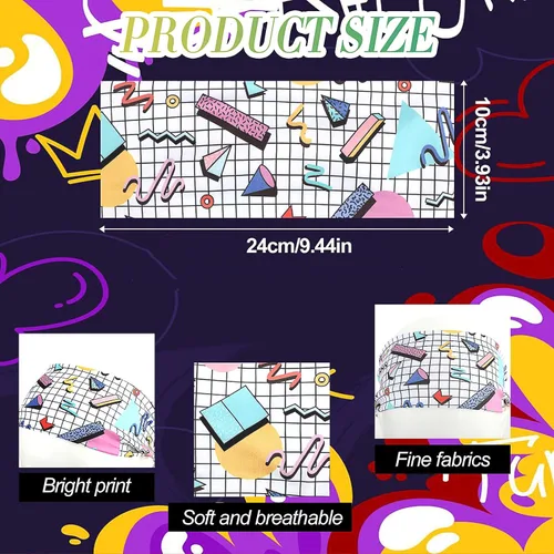 Vista 2 de 4 pañuelos para la cabeza con estampado retro de los años 80, bandana de neón para yoga, deportes, fiestas, accesorios para el cabello para mujeres