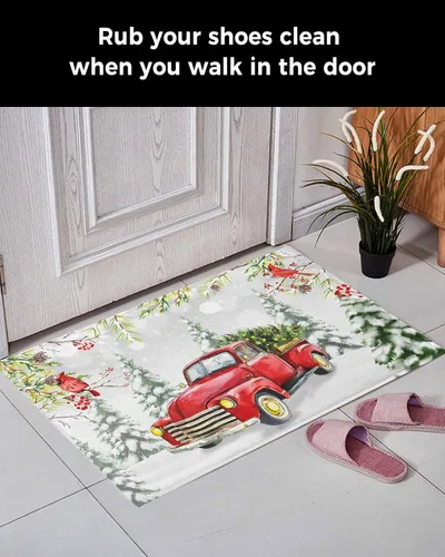 Vista 3 de Alfombra de baño esponjosa para camión rojo, cardenal de Navidad, antideslizante, alfombra suave para piso, árbol de Navidad, conos de pino, nieve