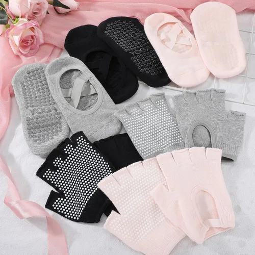 Vista 7 de Shihanee 6 pares de guantes de yoga antideslizantes para pilates, con agarre para mujer, guantes de silicona con agarre de puntos, calcetines sin