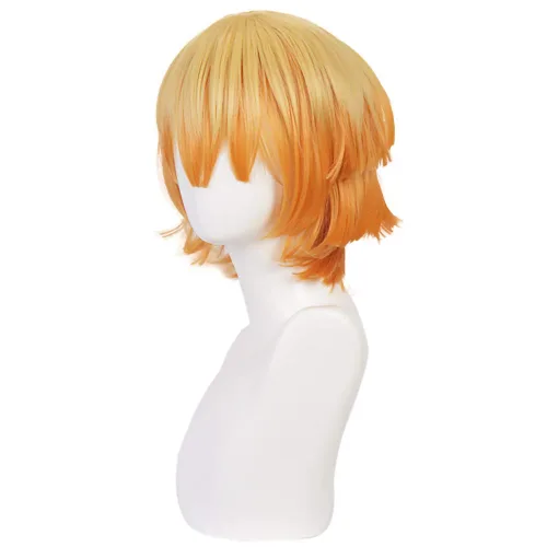Vista 3 de Qiancoshair Zenitsu Cosplay peluca Demon Slayer Kimetsu No Yaiba corta naranja Ombre traje peluca para mujeres (Agatsuma Zenitsu)