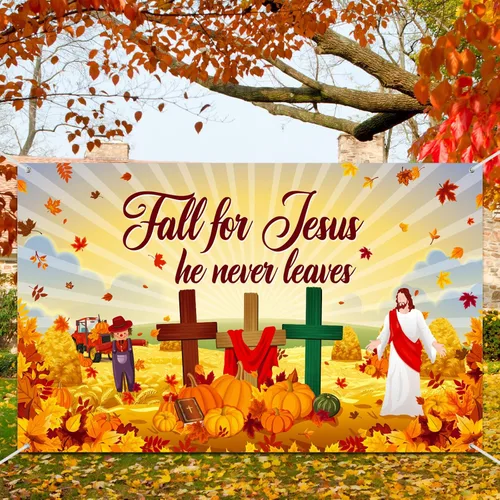 Vista 7 de Fondo de otoño para Jesús, pancarta de otoño de calabaza, hoja de arce, decoración de la Biblia, religión cristiana, fondo de poliéster, suministros