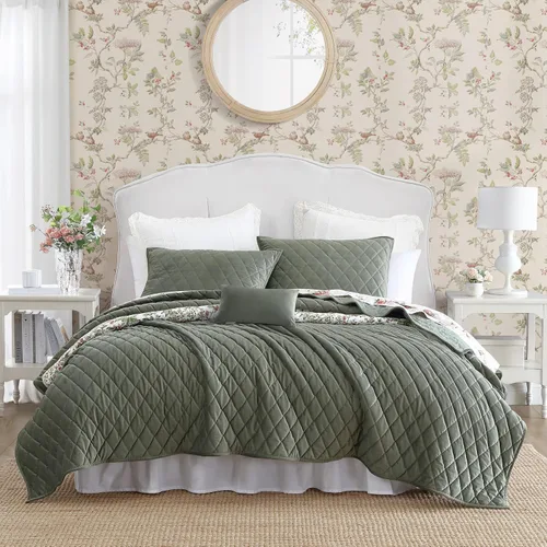 Vista 17 de Laura Ashley - Juego de edredón individual, juego de ropa de cama reversible de algodón con funda de almohada adicional, decoración del hogar