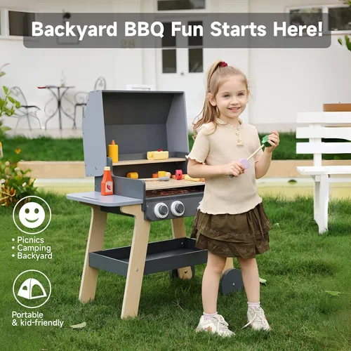 Vista 3 de Juego de barbacoa para niños, juguete de cocina para niños pequeños y niños de 3 a 8 años, juguetes de cocina de madera para interiores
