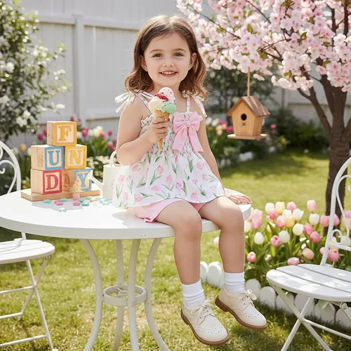 Vista 2 de Conjunto de ropa de verano para niña pequeña, con lazo fruncido, camiseta y pantalones cortos, tulipán, floral, lindos trajes para niñas pequeñas