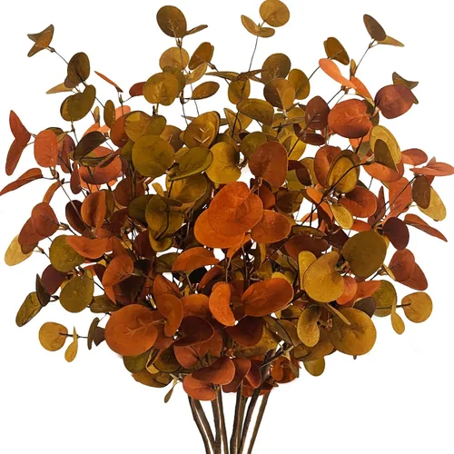 Vista 10 de 4 piezas de hojas artificiales de eucalipto de otoño, plantas de tallos verdes para el hogar, arreglo floral, boda, fiesta, otoño, Acción