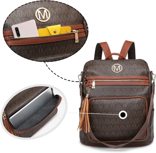 Vista 64 de MKP COLLECTION Mochila de moda para mujer, bolsa convertible grande para mujer, mochila de viaje, bolsa de hombro, juego de 2 piezas con borla, Beige