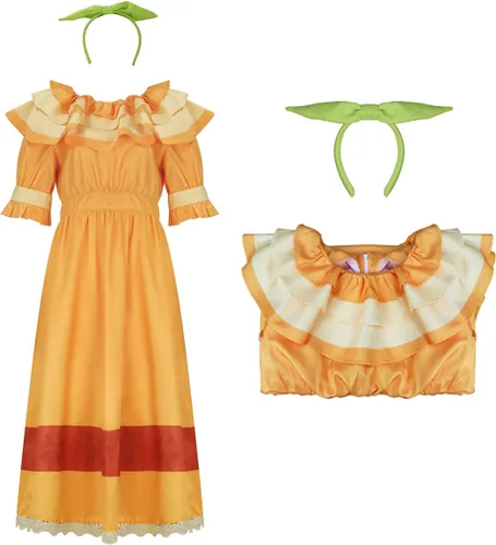 Vista 4 de Dolores - Disfraz Madrigal, vestido de manga corta para mujer, falda con collar para la cabeza, trajes de Halloween para adultos