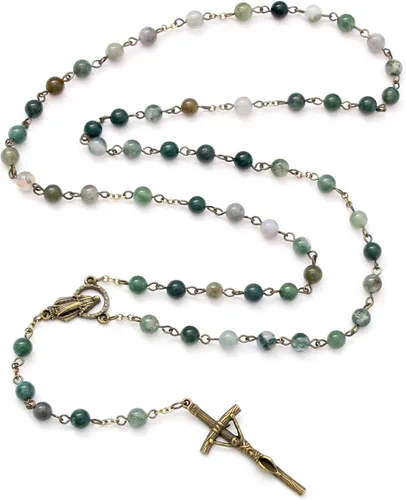Vista 2 de KOMI Rosario de cuentas católicas para mujer, collar de cuentas de rosario con cruz de crucifijo, perlas de cristal, rosario, rosarios, católicos