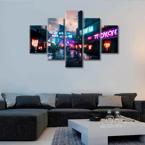 Vista 101 de Cuadros de 5 paneles de Cyberpunk City, arte de pared, representación de vallas publicitarias, edificios modernos en la capital con obras de arte