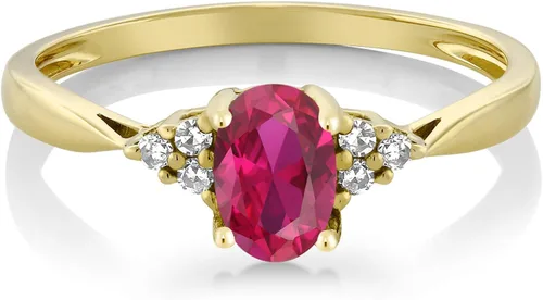 Vista 2 de Gem Stone King Anillo de compromiso para mujer de oro amarillo de 14 quilates con rubí y diamantes creados