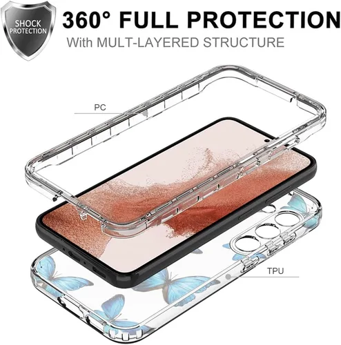 Vista 3 de Funda para Galaxy S23, Samsung S23 con protector de pantalla de vidrio templado, patrón de mariposa transparente de cuerpo completo, funda