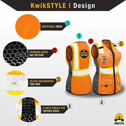 Vista 2 de KwikSafety QUEEN BEE - Chaleco de seguridad para mujer [naranja, XL] + paquete de casco duro de ala completa TORTOISE