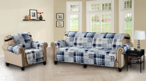 Vista 6 de Brilliant Sunshine Blue Plaids & Stripes - Funda para sillón de sofá, asiento de 23 pulgadas Patchwork Design, Non Slip Sofa Cover, Quilted