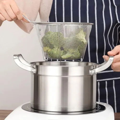 Vista 6 de YARNOW Cesta plegable de acero inoxidable de 10.23 pulgadas con mango largo ergonómico para freír profundamente el aceite y colar alimentos