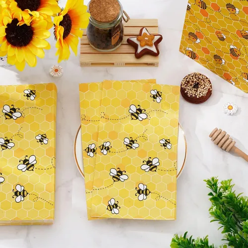 Vista 4 de Whaline Servilletas de 3 capas desechables de abeja para invitados, paquete de papel desechable de panal amarillo, toalla de mano para feliz día