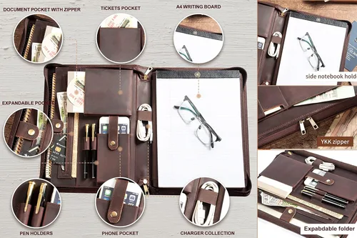 Vista 4 de AZXCG Portafolio de cuero para hombre, hecho a mano, con cremallera, organizador de documentos de negocios para cuaderno tamaño carta A4, funda