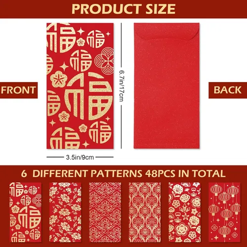Vista 2 de 48 sobres rojos de año nuevo chino, festival de primavera, bolsillo de dinero de la suerte, patrón de lámina de oro rojo, Hong Bao para fiestas