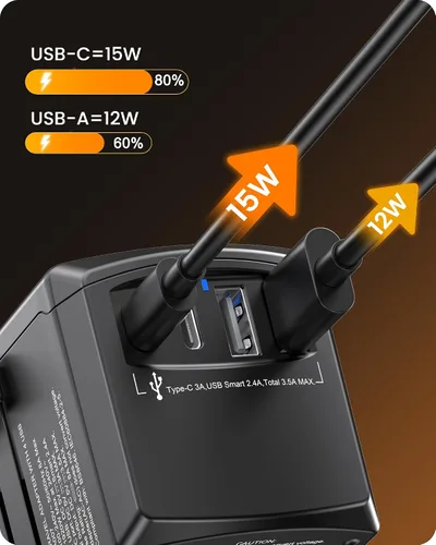 Vista 4 de LENCENT Adaptador de corriente de viaje universal, adaptador de enchufe de CA internacional con 2 puertos USB C 2 USB A, cargador de pared para Negro