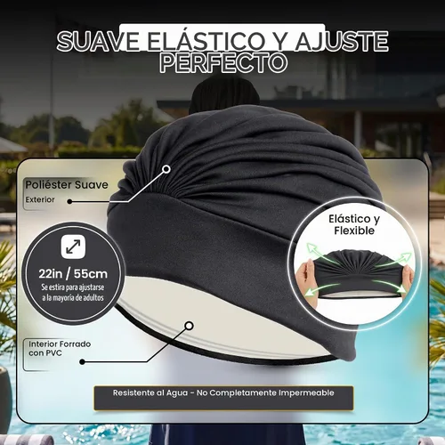 Vista 6 de BEEMO Gorros de natación para mujer, turbante de natación, de poliéster, con forro de látex, plisado para mujer Negro