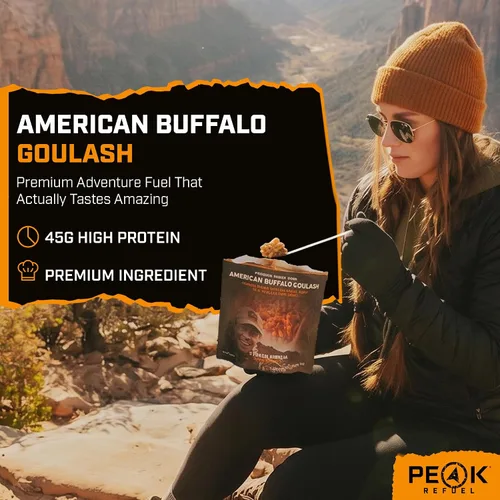 Vista 3 de Goulash de búfalo americano 45g protein, 740 calories, ground bison goulash, 2 servings, 4.94 oz pouch, 6 oz water, ready in 10 minutes, made in